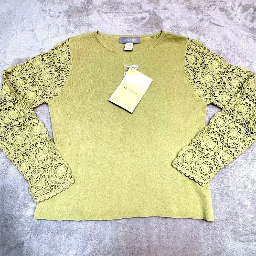 Cottagecore Sage Green Knit Crochet Lace Linen Cotton NWT Modern Soul QVC Medium